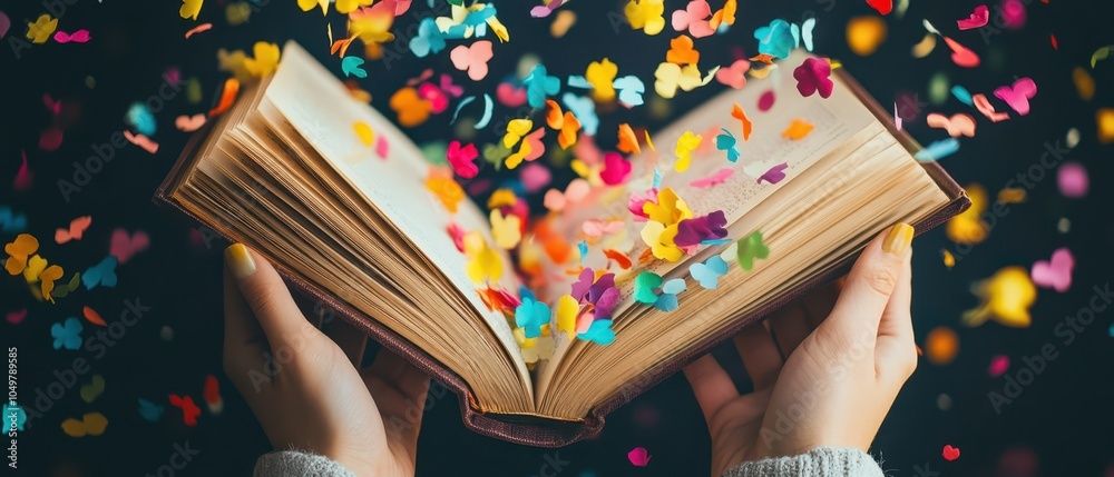 Fototapeta premium An open book releasing colorful confetti, symbolizing joy and imagination, captured with hands delicately holding it against a dark background.