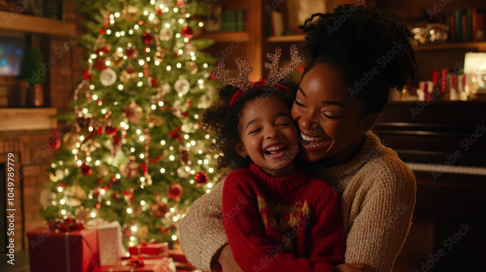 Joyful Mother and Daughter Embrace in Front of a Festive Christmas Tree with Ornaments and Twinkling Lights in a Cozy, Warm Holiday Setting Joyful Mother and Daughter Embrace in Front of a Festive Christmas Tree with Ornaments and Twinkling Lights in a Cozy, Warm Holiday Setting