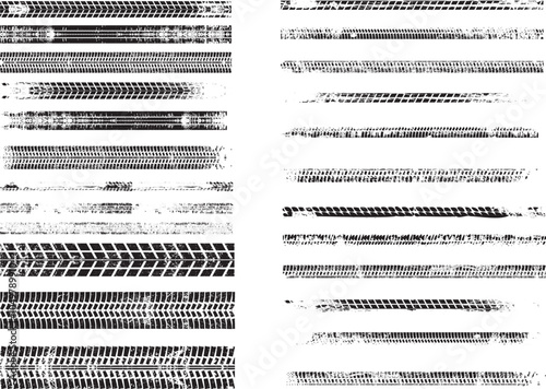 Vector Print Textured Tire Track set . Drift design element . Car tread silhouette pack .Mud splash grunge tire texture. Tyre tread banner. Tire track traces collection. Print design