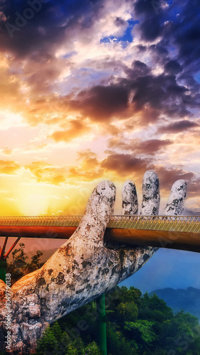 Golden Bridge of the Hand of God at the Sun World Ba Na Hills amusement Park in Da Nang in Vietnam at sunrise in summer photo