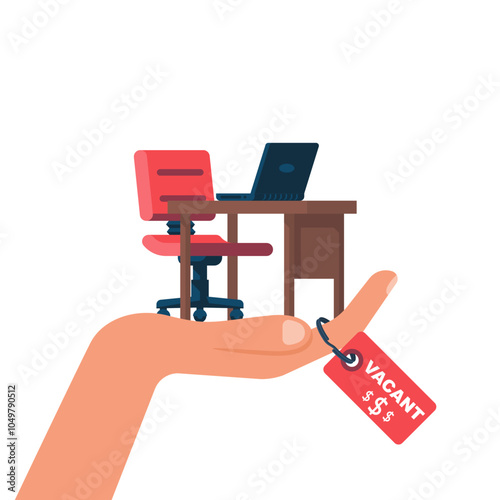 Vacant concept. Empty office desk with job offer tag. Sign as symbol of an recruiting to work. Hiring staff. Vector illustration flat design. Isolated on background. Career position.