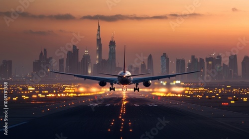A cargo plane landing at Dubai International Airport, with a backdrop of the city iconic