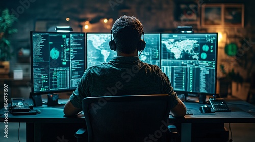 Cybersecurity expert monitoring firewall and encryption systems in a secure server room Stock Photo with side copy space photo