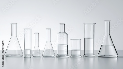 Close-up of laboratory glassware and cosmetic samples ready for testing and experimentation