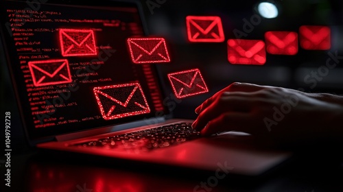 Employee undergoing cybersecurity training at work while reviewing phishing emails on a laptop Stock Photo with side copy space