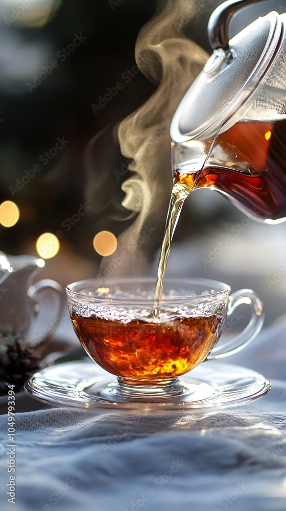 Fototapeta premium Steamy Tea Pour in Elegant Glass Cup