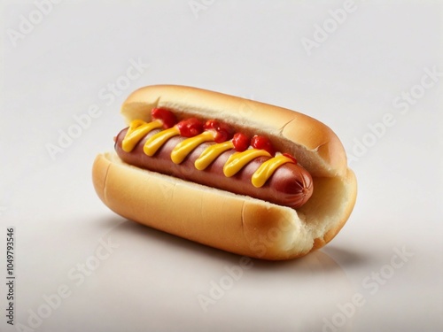 A nice hot dog with mustard and ketchup on a white background. photo