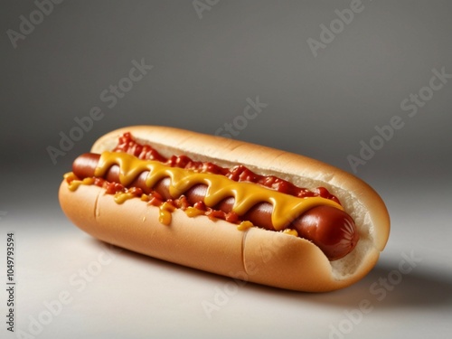 A tasty hot dog with mustard and ketchup against a white backdrop photo