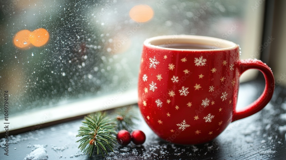 Fototapeta premium A cozy red mug decorated with snowflakes sits by a frosted window, creating a warm and festive winter atmosphere.