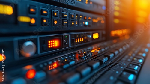 Rows of network servers in a dimly lit data center with flashing indicators Stock Photo with side copy space photo