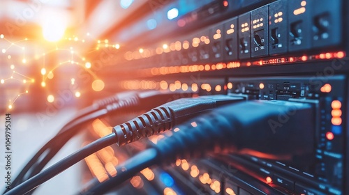 Close-up of data cables and connections in a mainframe server rack Stock Photo with side copy space