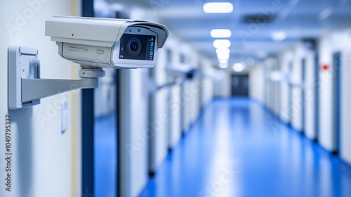 Highly secure data center with biometric access and surveillance cameras monitoring the room Stock Photo with side copy space