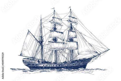 Vintage sketch of a sailing ship with detailed sails and rigging on open water. Perfect for nautical themes and maritime decor. photo