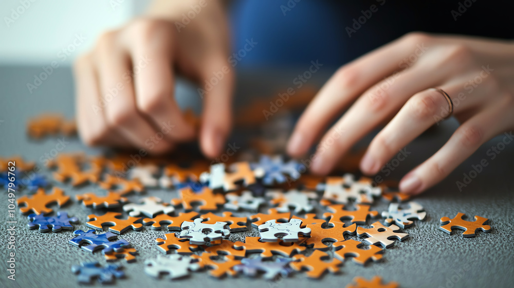 Close-up shot of a person working on a puzzle with detailed focus on their fingers and scattered pieces Close-up shot of a person working on a puzzle with detailed focus on their fingers and scattered pieces