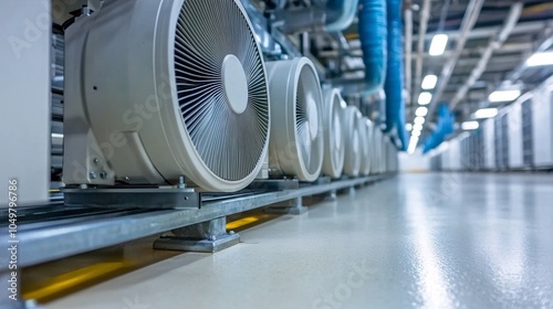 Cooling fans and ventilation systems in a data center ensuring stable operating temperatures Stock Photo with side copy space