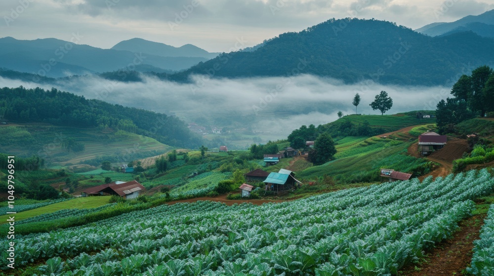 Fototapeta premium A foggy morning in Phu Thap Boek, with rows of cabbage fields and small farms nestled