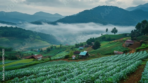 A foggy morning in Phu Thap Boek, with rows of cabbage fields and small farms nestled photo