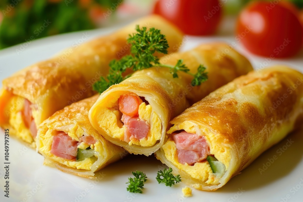 dish of egg roll with ham background - generative ai dish of egg roll with ham background - generative ai
