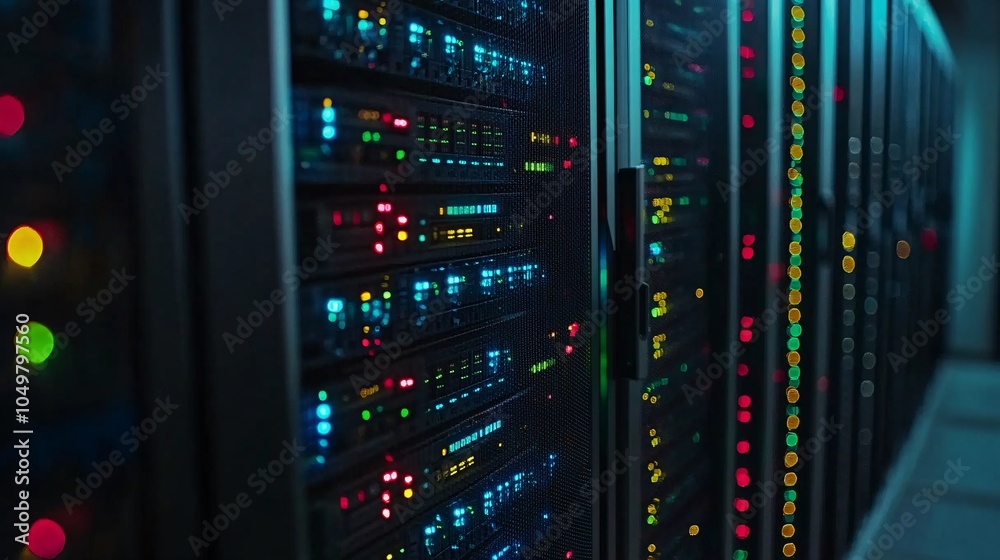 Mainframe storage systems with blinking lights indicating data processing in a secure server room Stock Photo with side copy space Mainframe storage systems with blinking lights indicating data processing in a secure server room Stock Photo with side copy space