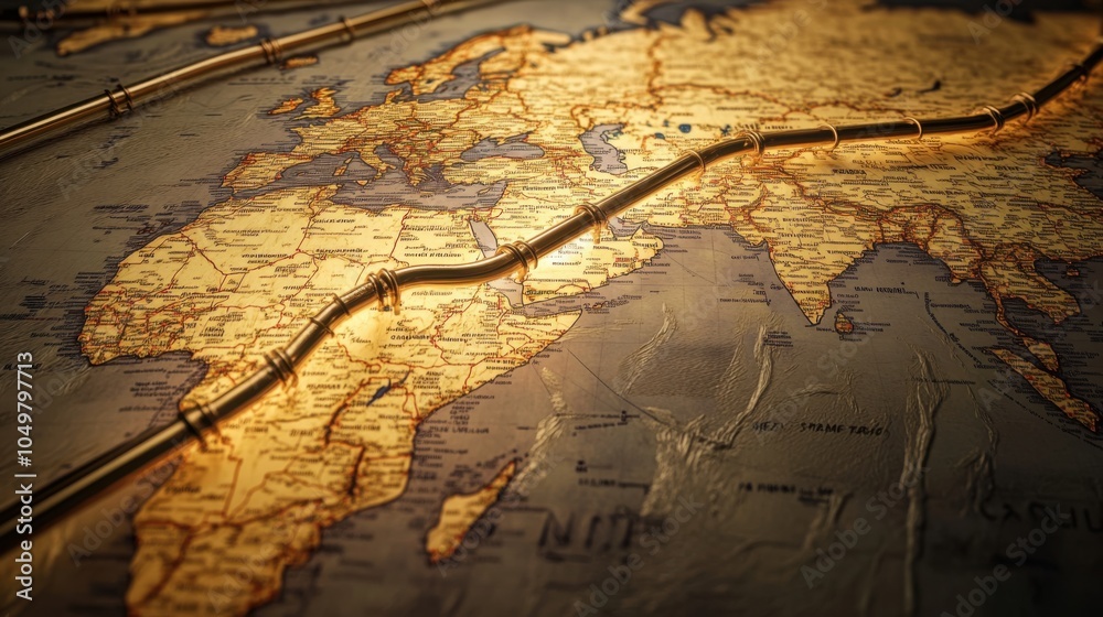 Obraz premium A global map with oil pipelines and tanker routes highlighted, showing the flow of oil