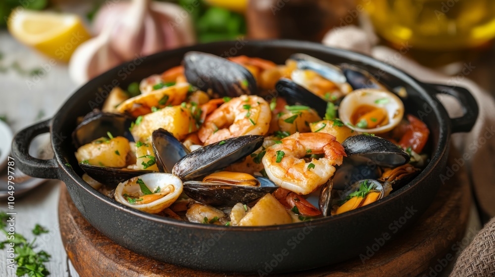 Seafood Delight with Garlic and Herbs in Rustic Dish Seafood Delight with Garlic and Herbs in Rustic Dish