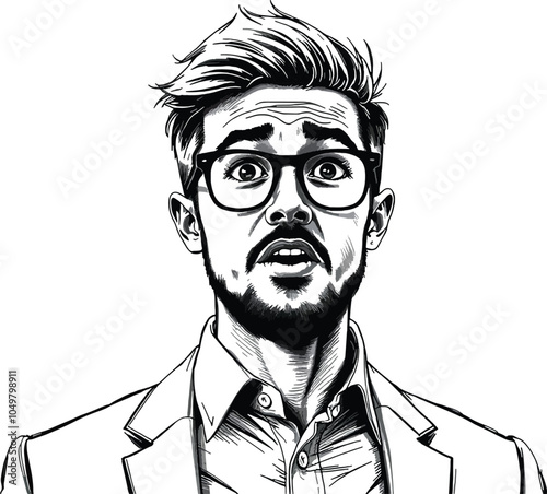 Surprise young man sketch engraving character illustration. Black and white image.  black-and-white art.