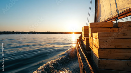 A vintage cargo sailboat carrying wooden boxes, moving gently on still waters, clear sky above, close-up shot capturing wooden textures and sails, highlighting the contrast