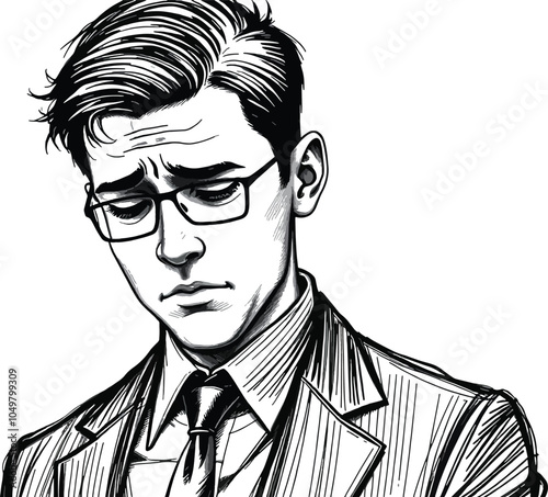 Sadness young man sketch engraving character illustration. Black and white image.  black-and-white art.
