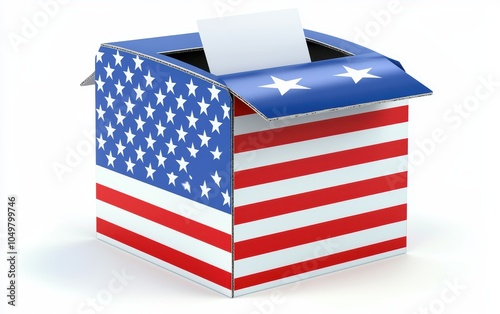 Blue ballot box with an American flag pattern, isolated on a white surface, a voting slip entering the slot, representing the democratic process, 3D illustration, isolated on white background photo