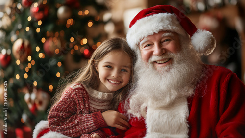  Father Christmas posing with Family inside a Christmas scene smiling 
