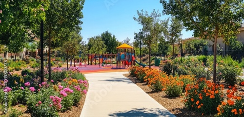 A bright and inviting community garden with pathways lined with flowers, complemented by a playground area filled with vibrant equipment and shady spots for resting. photo