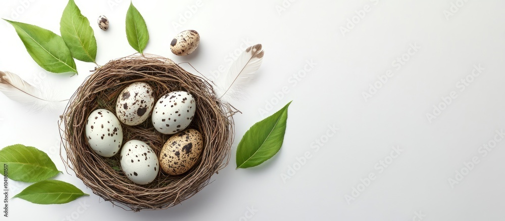 Bird nest containing Easter eggs on a white background Quail Easter eggs accompanied by spring green leaves and feathers in a nest on a white table with copyspace Spring Easter or healthy organic f