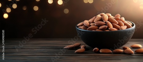 Almonds in a bowl on a wood...