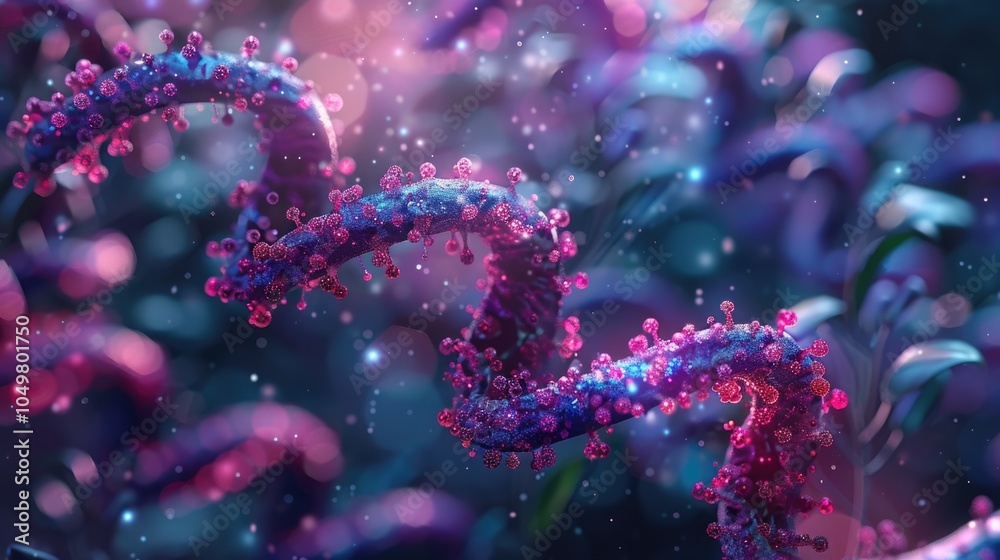 Abstract Glowing Pink DNA Helix Particles in Dreamy Bokeh Environment Abstract Glowing Pink DNA Helix Particles in Dreamy Bokeh Environment