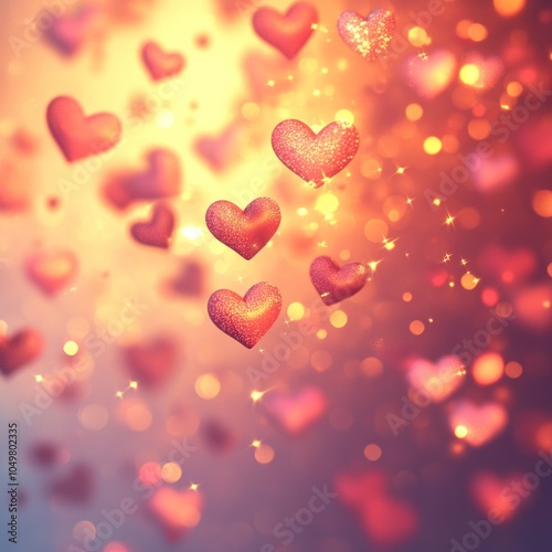 Red Glitter Hearts Floating in a Golden and Pink Bokeh Background