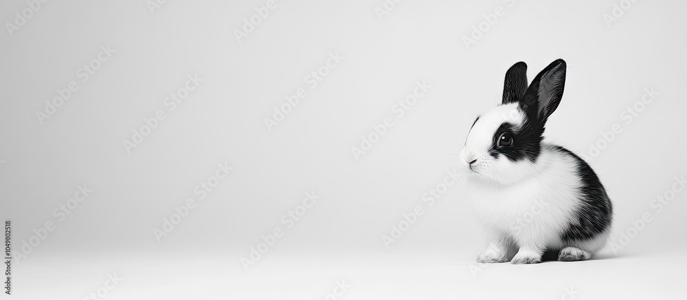 Obraz premium adorable black and white rabbit on a white background. with copy space image. Place for adding text or design