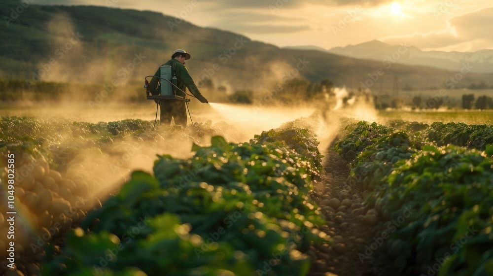 Farmer Spraying Pesticides on Crops at Sunset in Rural Landscape