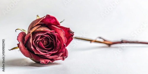 Dried Red Rose on White Background - Elegant Floral Decor, Romantic Gift, Vintage Aesthetic, Nature Photography, Minimalist Style, Dried Flowers, Home Decor, Love Symbol