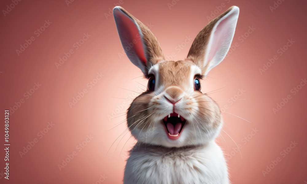 Obraz premium Little fluffy bunny sits on a pink studio background. Extremely surprised Easter rabbit on colorful background. Cute pet studio shot. Concept of Pascha, Resurrection Sunday, Christian cultural holiday