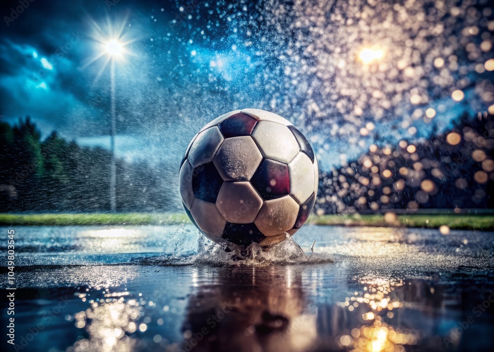 Fototapeta premium Dynamic sports imagery capturing a football on wet ground, highlighting athletic gear amid rainy weather, showcasing outdoor play and the resilience of the sport lifestyle.