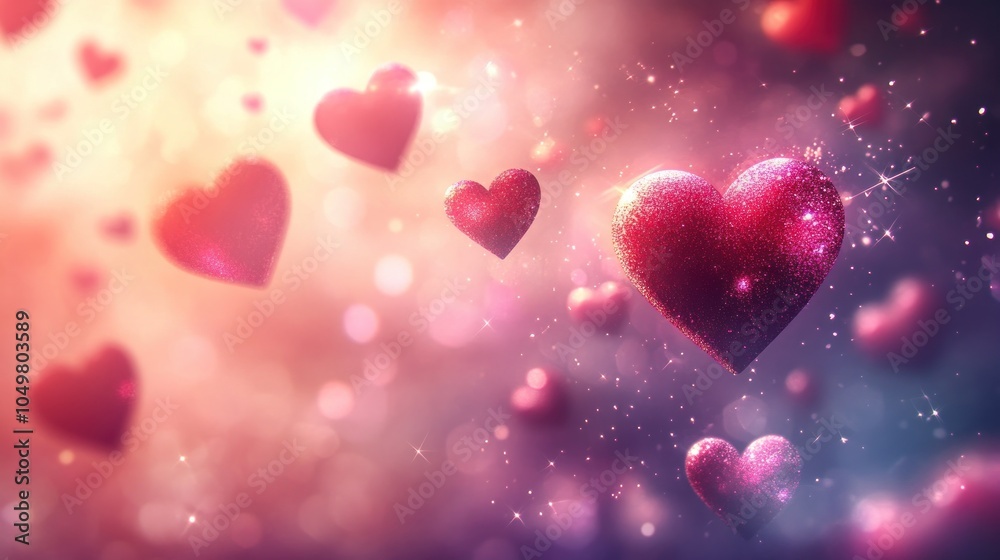 Glittering Pink Hearts and Sparkling Lights on a Purple Background Glittering Pink Hearts and Sparkling Lights on a Purple Background