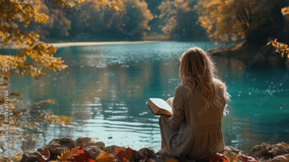 Serene Autumn Reading by the Lakeside