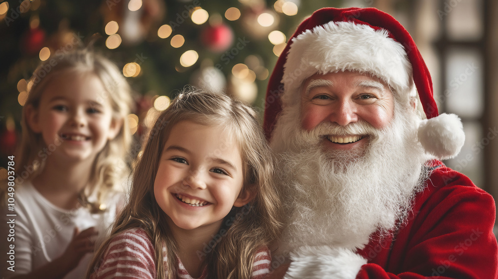 Santa posing with Children inside a Christmas scene cheerful Santa posing with Children inside a Christmas scene cheerful