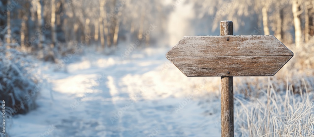 Naklejka premium Wooden blank sign post directing left with blurred frozen trees in the background. with copy space image. Place for adding text or design