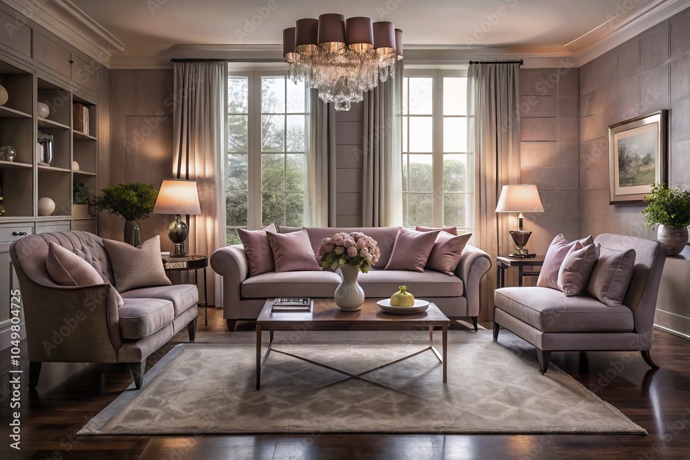 Fototapeta premium Elegant Cozy Living Room Design with Pink Gray Color Harmony, Plush Upholstery, Minimalist Decor, Serene Atmosphere, Silhouette Photography, Interior Inspiration