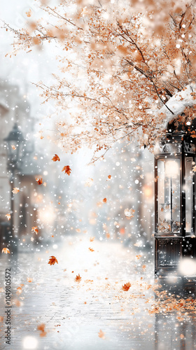 Snow falling on an empty city street during autumn with colorful leaves swirling in the wind