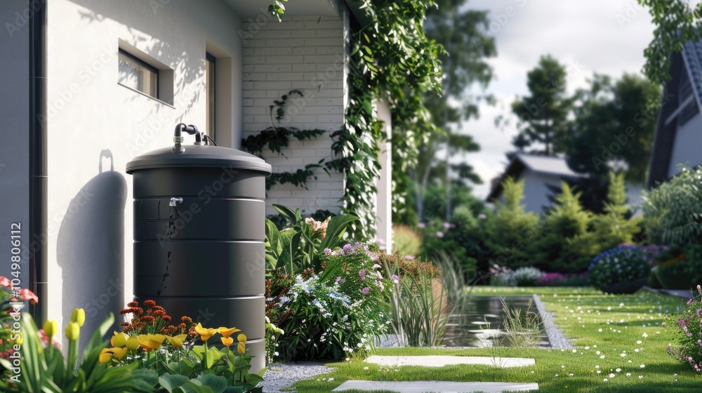 Serene Suburban House Garden with Rainwater Tank and Lush Greenery