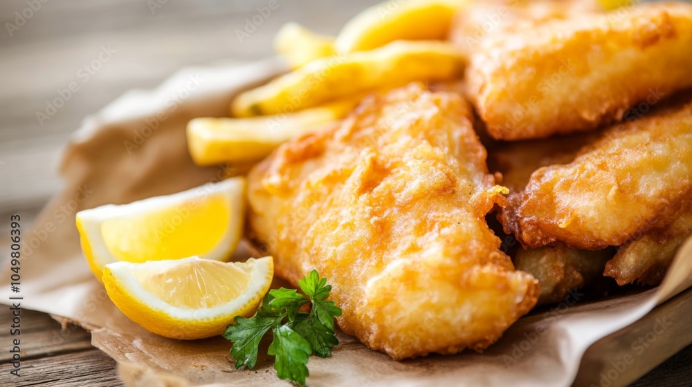 Crispy Fish and Chips with Lemon Wedge in Rustic Setting Crispy Fish and Chips with Lemon Wedge in Rustic Setting