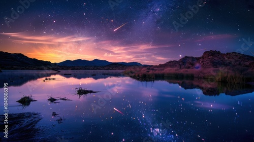 A mesmerizing view of a remote desert oasis with mirrored water and a rare, bright meteor shower illuminating the desert landscape with celestial brilliance, Desert oasis scene photo