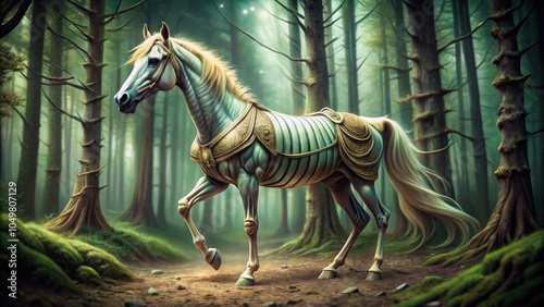 A resurrected horse mummy in dark fantasy forest from the middle ages. Generative AI photo